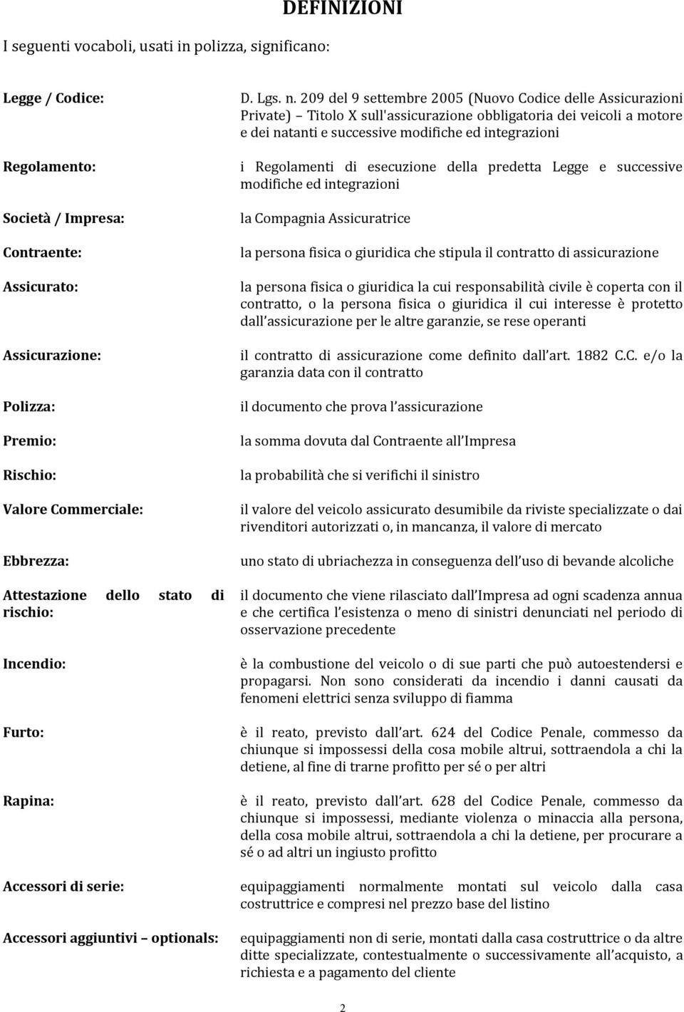 209 del 9 settembre 2005 (Nuovo Codice delle Assicurazioni Private) Titolo X sull'assicurazione obbligatoria dei veicoli a motore e dei natanti e successive modifiche ed integrazioni i Regolamenti di