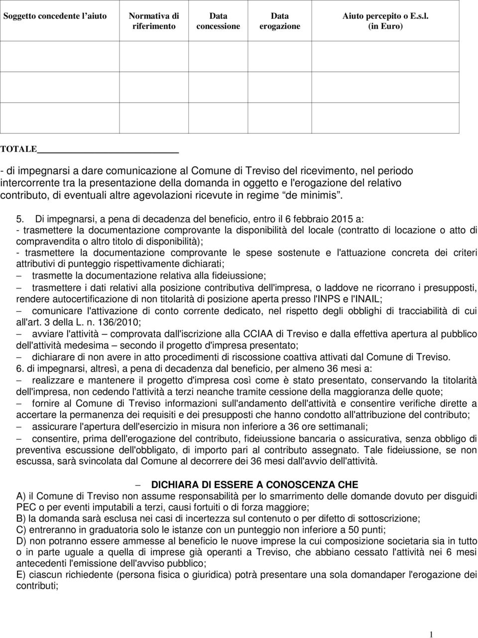 (in Euro) TOTALE - di impegnarsi a dare comunicazione al Comune di Treviso del ricevimento, nel periodo intercorrente tra la presentazione della domanda in oggetto e l'erogazione del relativo