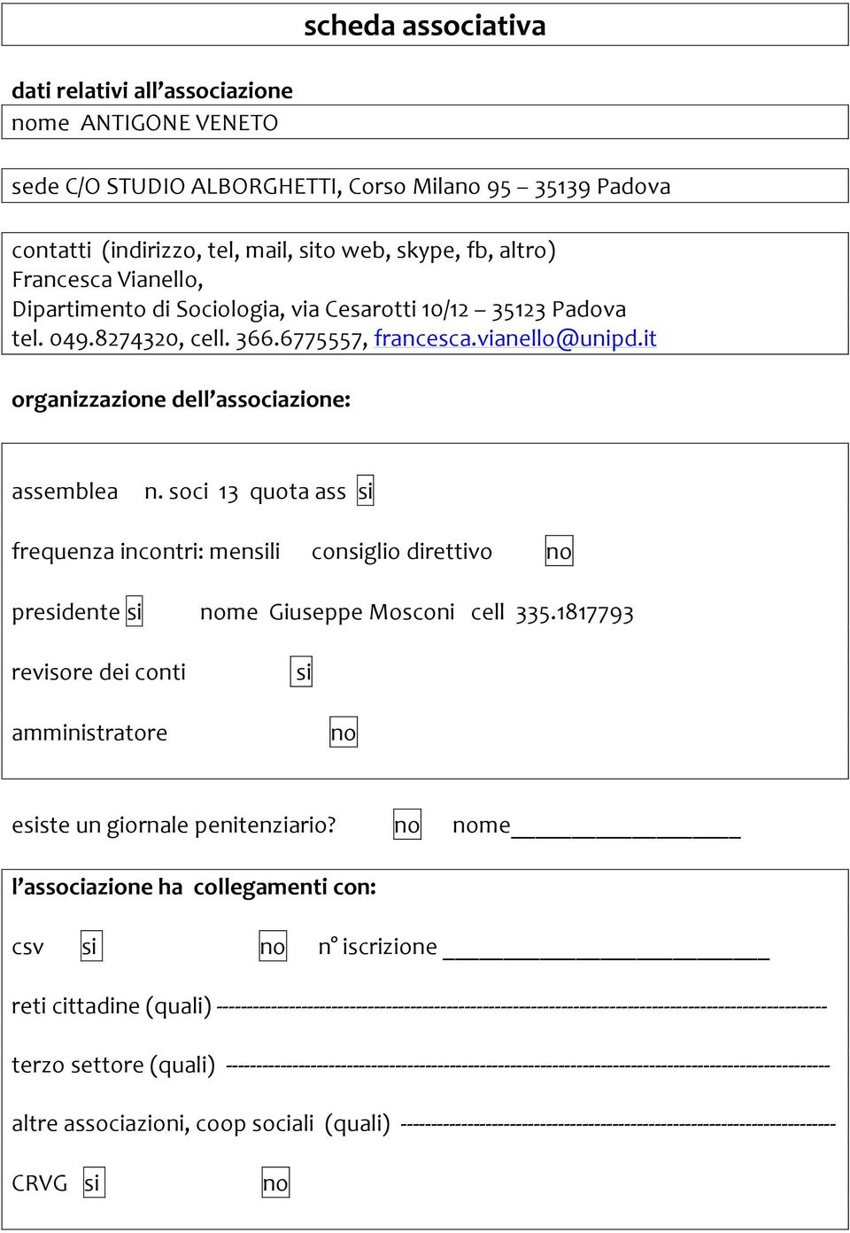 soci 13 quota ass si frequenza incontri: mensili consiglio direttivo presidente si me Giuseppe Mosconi cell 335.1817793 revisore dei conti si amministratore esiste un giornale penitenziario?