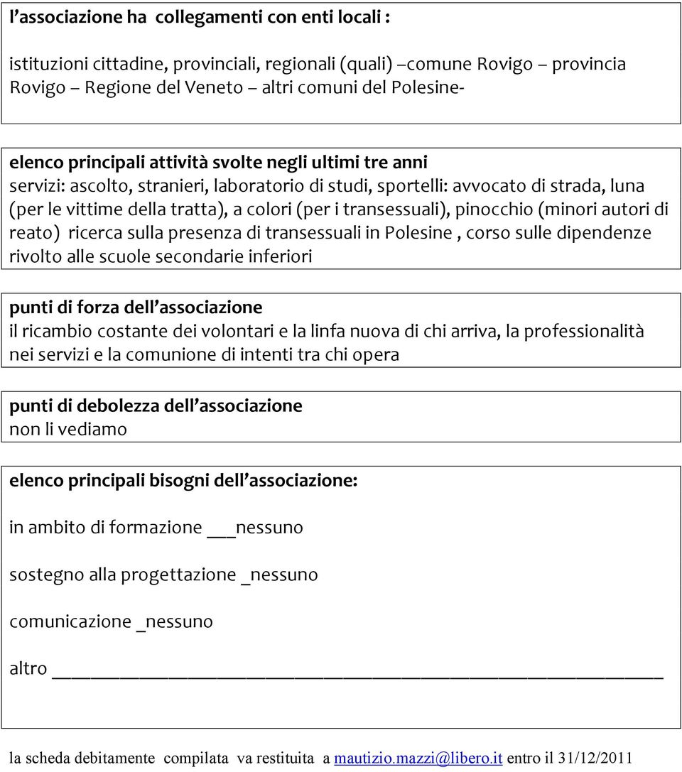 (miri autori di reato) ricerca sulla presenza di transessuali in Polesine, corso sulle dipendenze rivolto alle scuole secondarie inferiori punti di forza dell associazione il ricambio costante dei