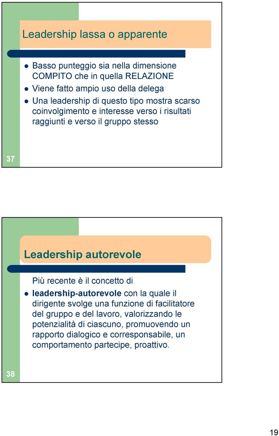 autorevole Più recente è il concetto di leadership-autorevole con la quale il dirigente svolge una funzione di facilitatore del gruppo e