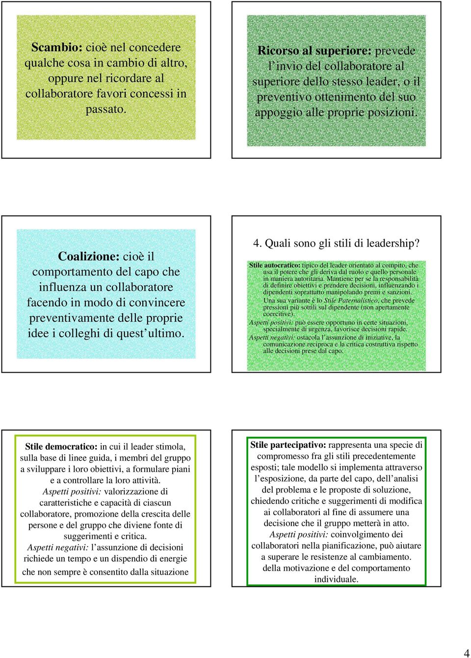 Coalizione: cioè il comportamento del capo che influenza un collaboratore facendo in modo di convincere preventivamente delle proprie idee i colleghi di quest ultimo.