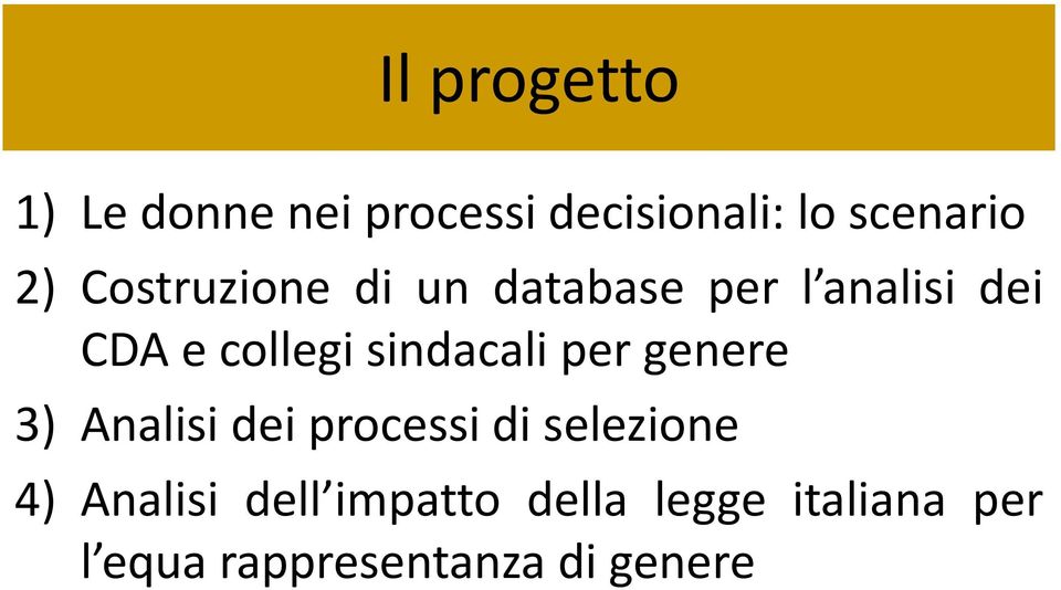 sindacali per genere 3) Analisi dei processi di selezione 4)