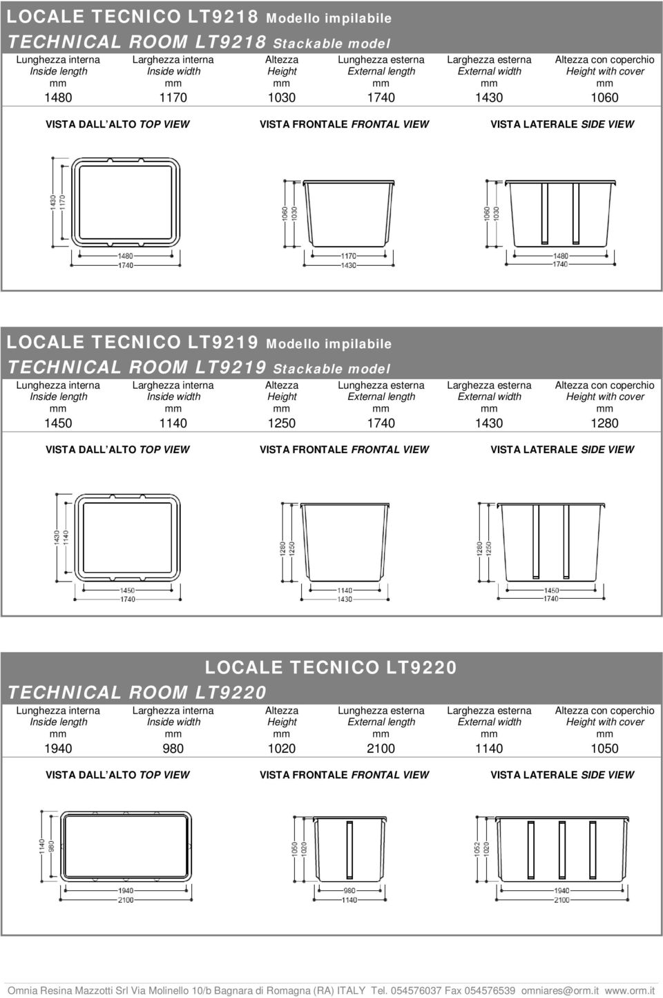 TECHNICAL ROOM LT9219 Stackable model con coperchio with cover 1450 1140 1250 1740 1430