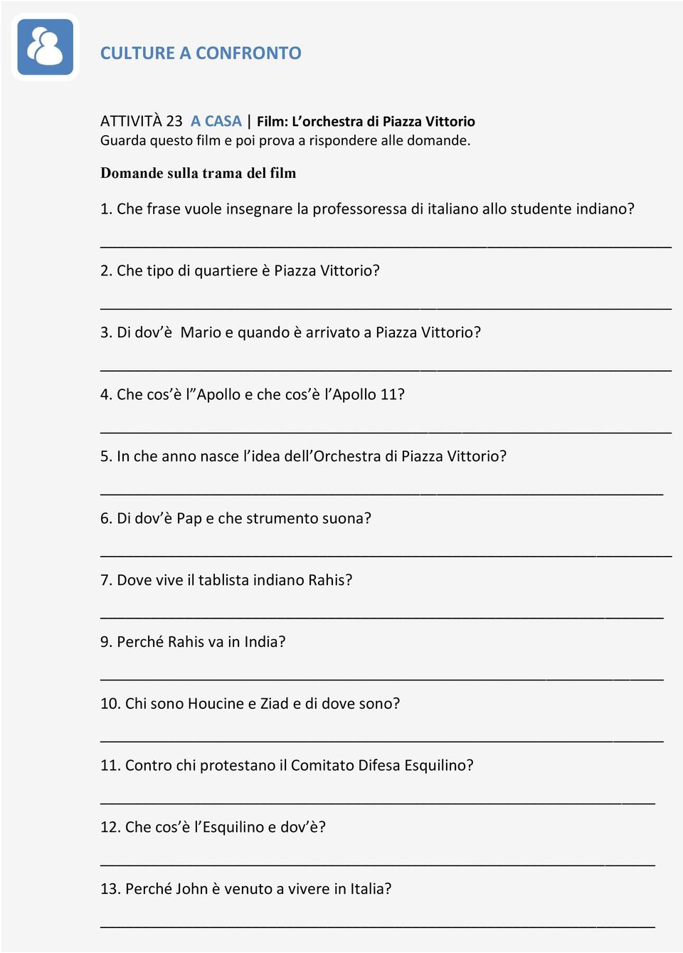 Che cos è l Apollo e che cos è l Apollo 11? 5. In che anno nasce l idea dell Orchestra di Piazza Vittorio? 6. Di dov è Pap e che strumento suona? 7. Dove vive il tablista indiano Rahis?