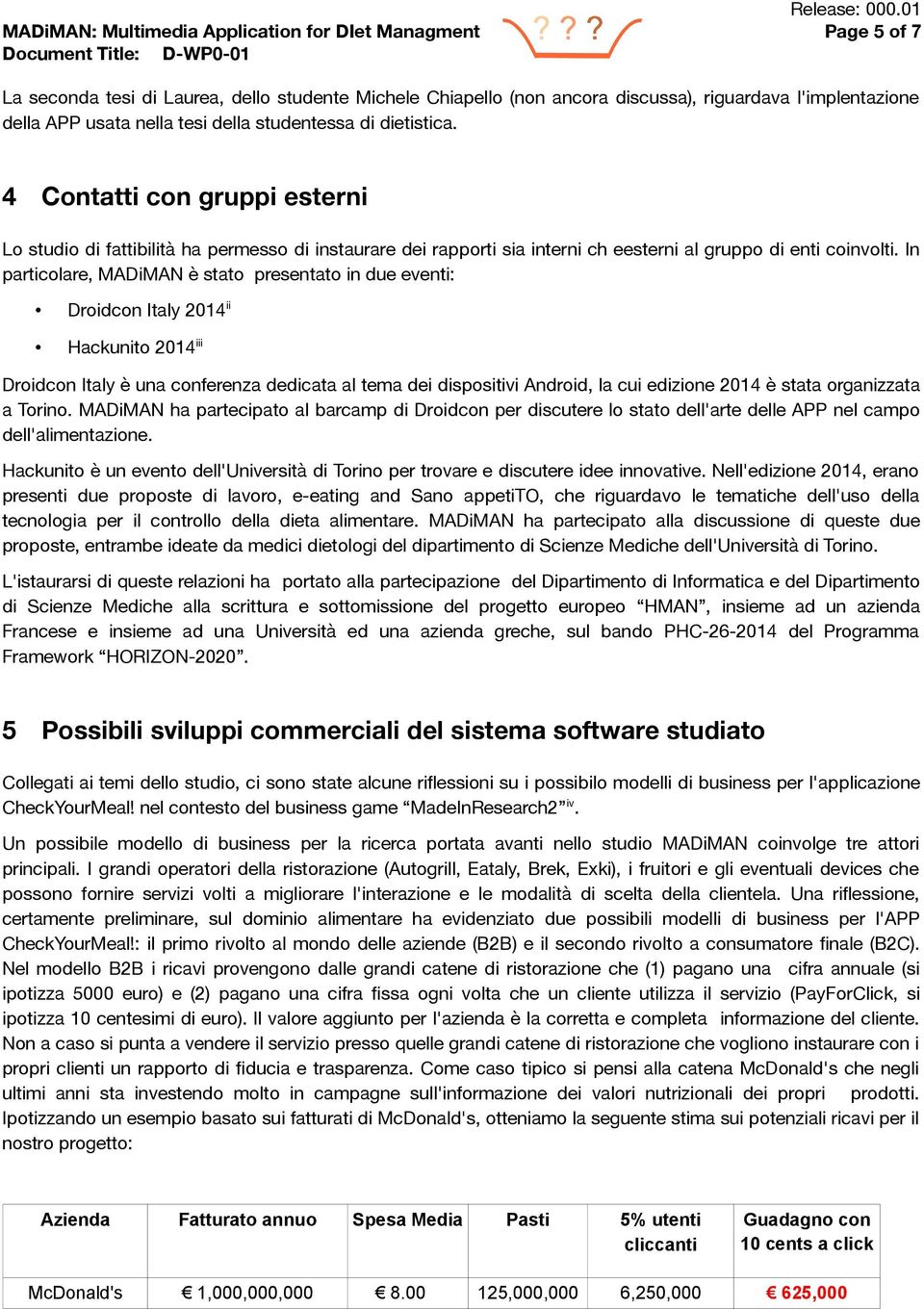 In particolare, MADiMAN è stato presentato in due eventi: Droidcon Italy 2014 ii Hackunito 2014 iii Droidcon Italy è una conferenza dedicata al tema dei dispositivi Android, la cui edizione 2014 è