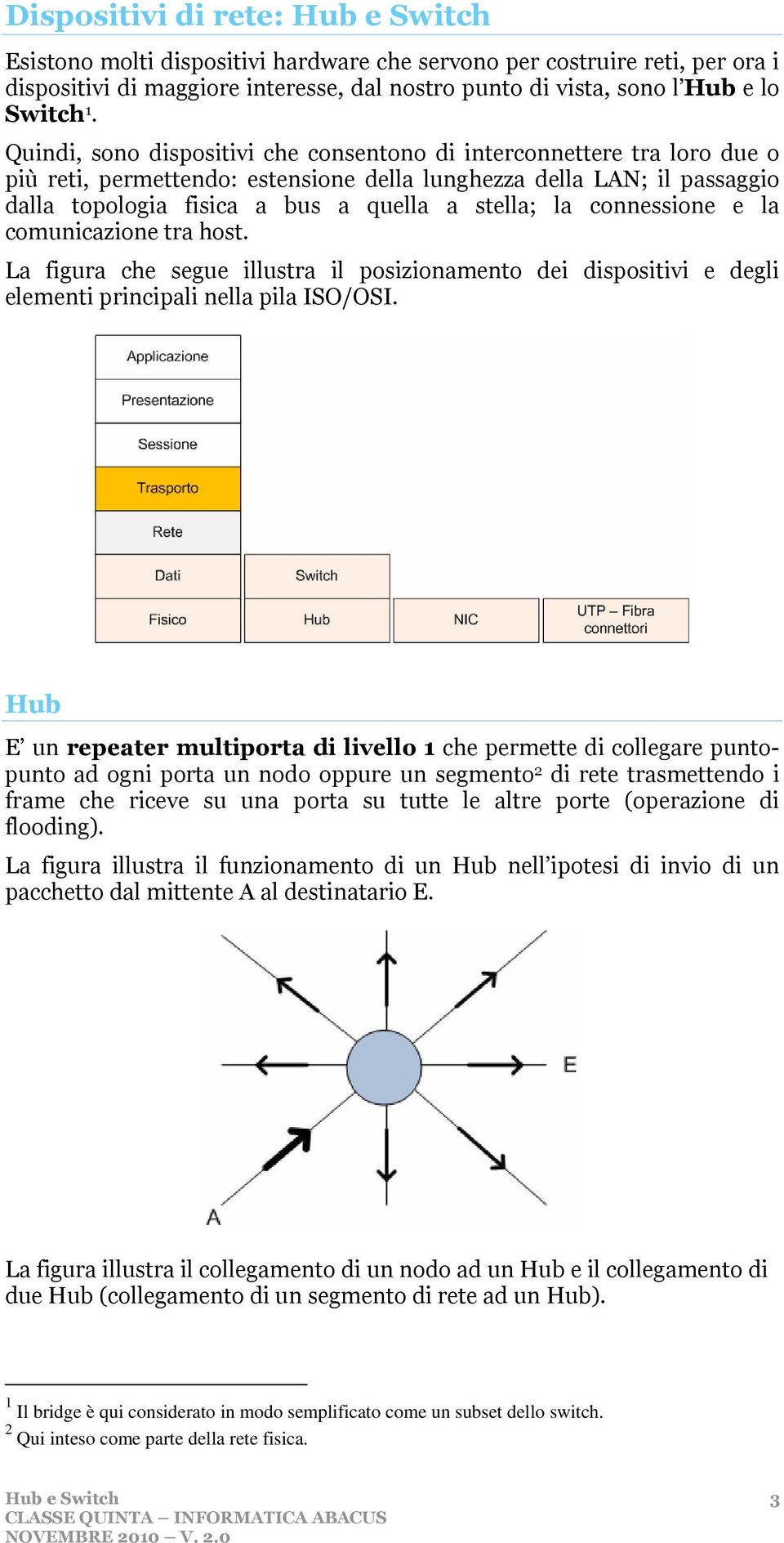 connessione e la comunicazione tra host. La figura che segue illustra il posizionamento dei dispositivi e degli elementi principali nella pila ISO/OSI.