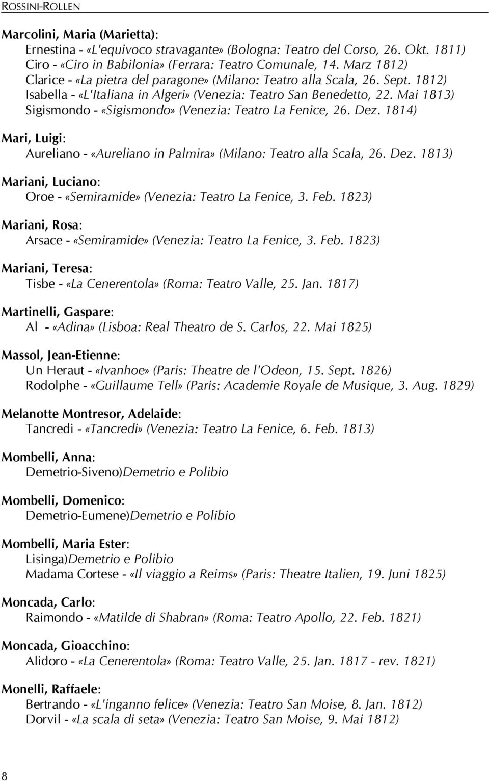 Mai 1813) Sigismondo - «Sigismondo» (Venezia: Teatro La Fenice, 26. Dez. 1814) Mari, Luigi: Aureliano - «Aureliano in Palmira» (Milano: Teatro alla Scala, 26. Dez. 1813) Mariani, Luciano: Oroe - «Semiramide» (Venezia: Teatro La Fenice, 3.