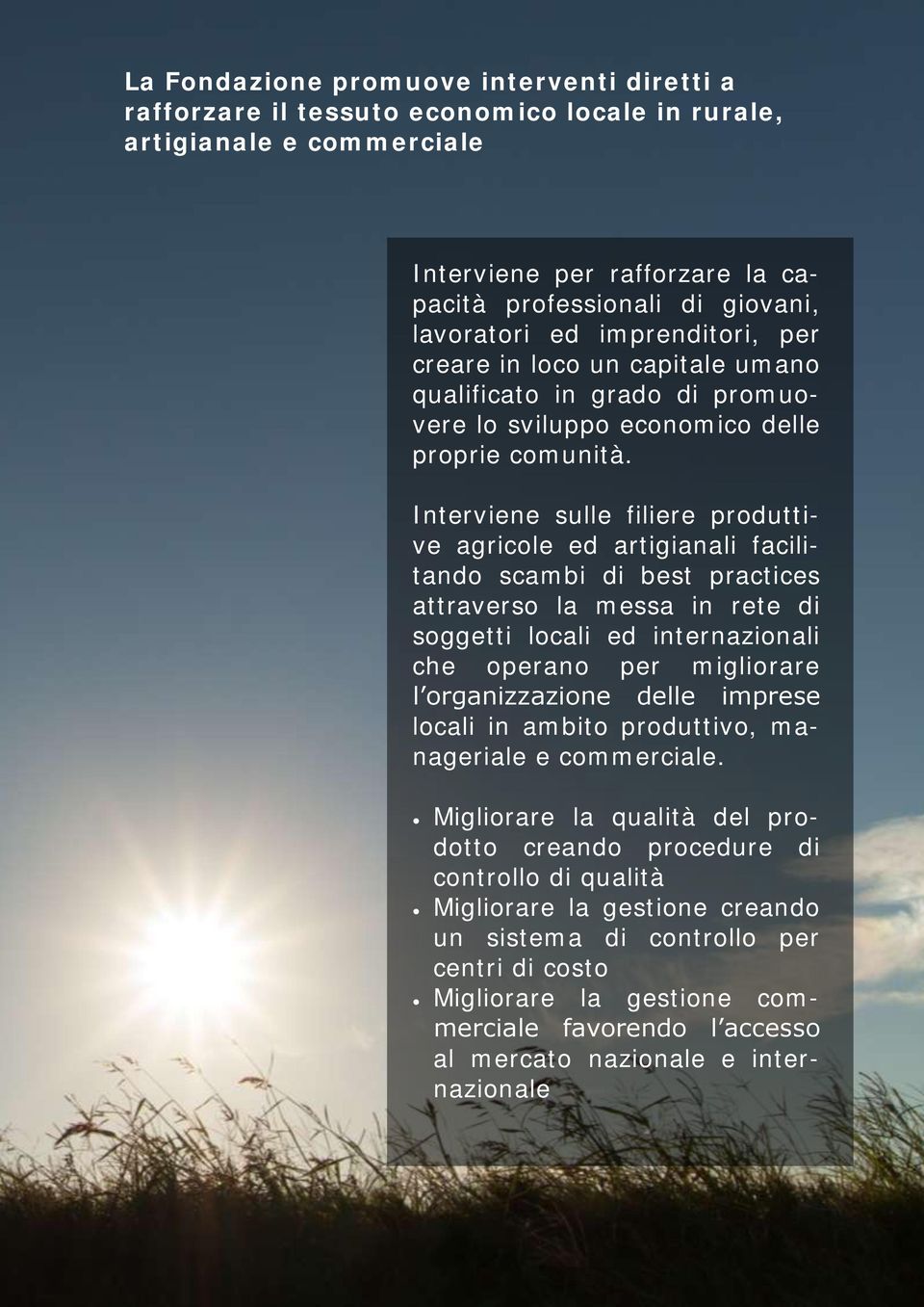 Interviene sulle filiere produttive agricole ed artigianali facilitando scambi di best practices attraverso la messa in rete di soggetti locali ed internazionali che operano per migliorare l