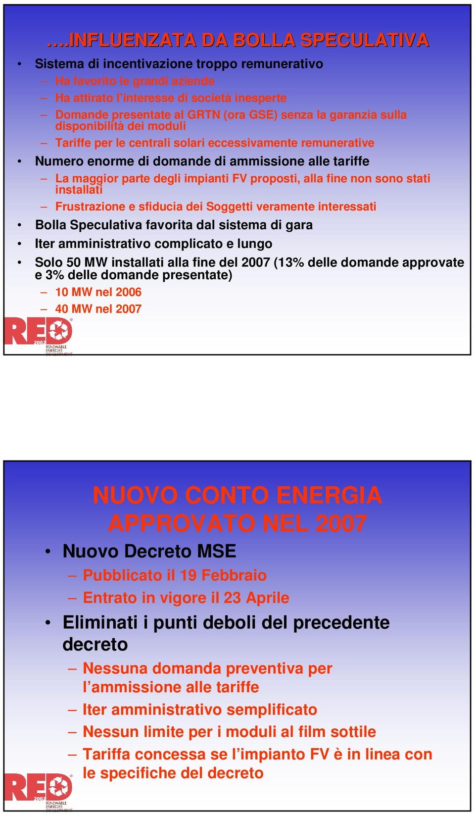 alla fine non sono stati installati Frustrazione e sfiducia dei Soggetti veramente interessati Bolla Speculativa favorita dal sistema di gara Iter amministrativo complicato e lungo Solo 50 MW