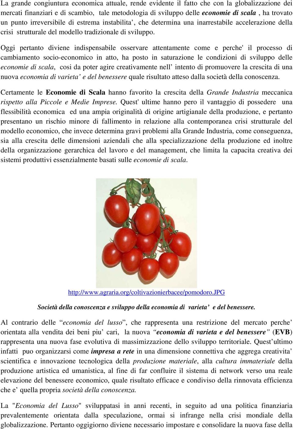 Oggi pertanto diviene indispensabile osservare attentamente come e perche' il processo di cambiamento socio-economico in atto, ha posto in saturazione le condizioni di sviluppo delle economie di