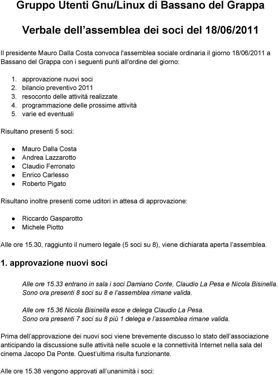 varie ed eventuali Risultano presenti 5 soci: Mauro Dalla Costa Andrea Lazzarotto Claudio Ferronato Enrico Carlesso Roberto Pigato Risultano inoltre presenti come uditori in attesa di approvazione: