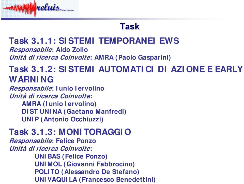 AUTOMATICI DI AZIONE E EARLY WARNING Responsabile: Iunio Iervolino Unità di ricerca Coinvolte: AMRA (Iunio Iervolino) DIST