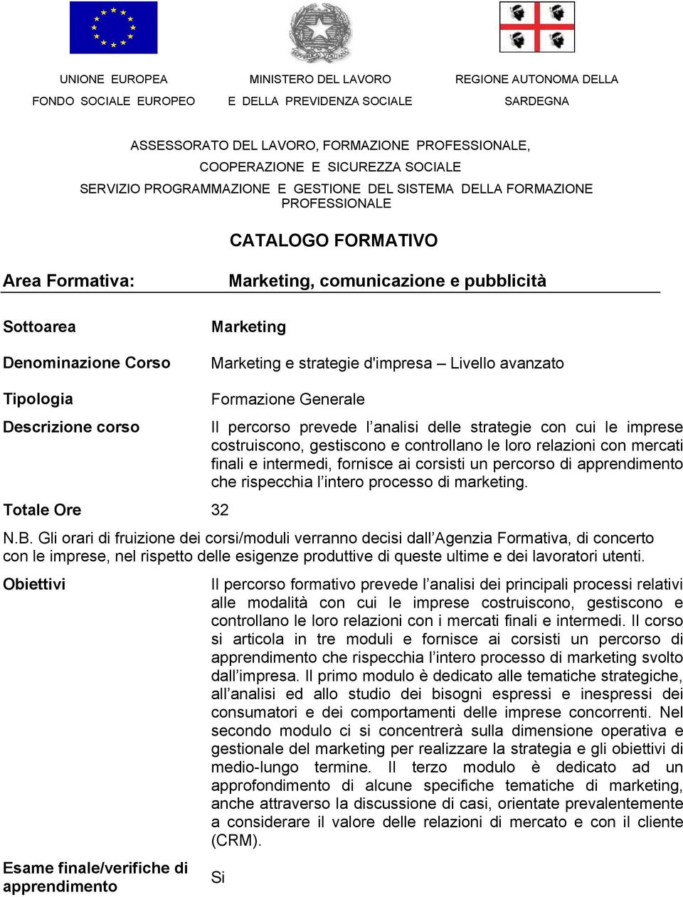 Marketing e strategie d'impresa Livello avanzato Tipologia Descrizione corso Totale Ore 32 Formazione Generale Il percorso prevede l analisi delle strategie con cui le imprese costruiscono,