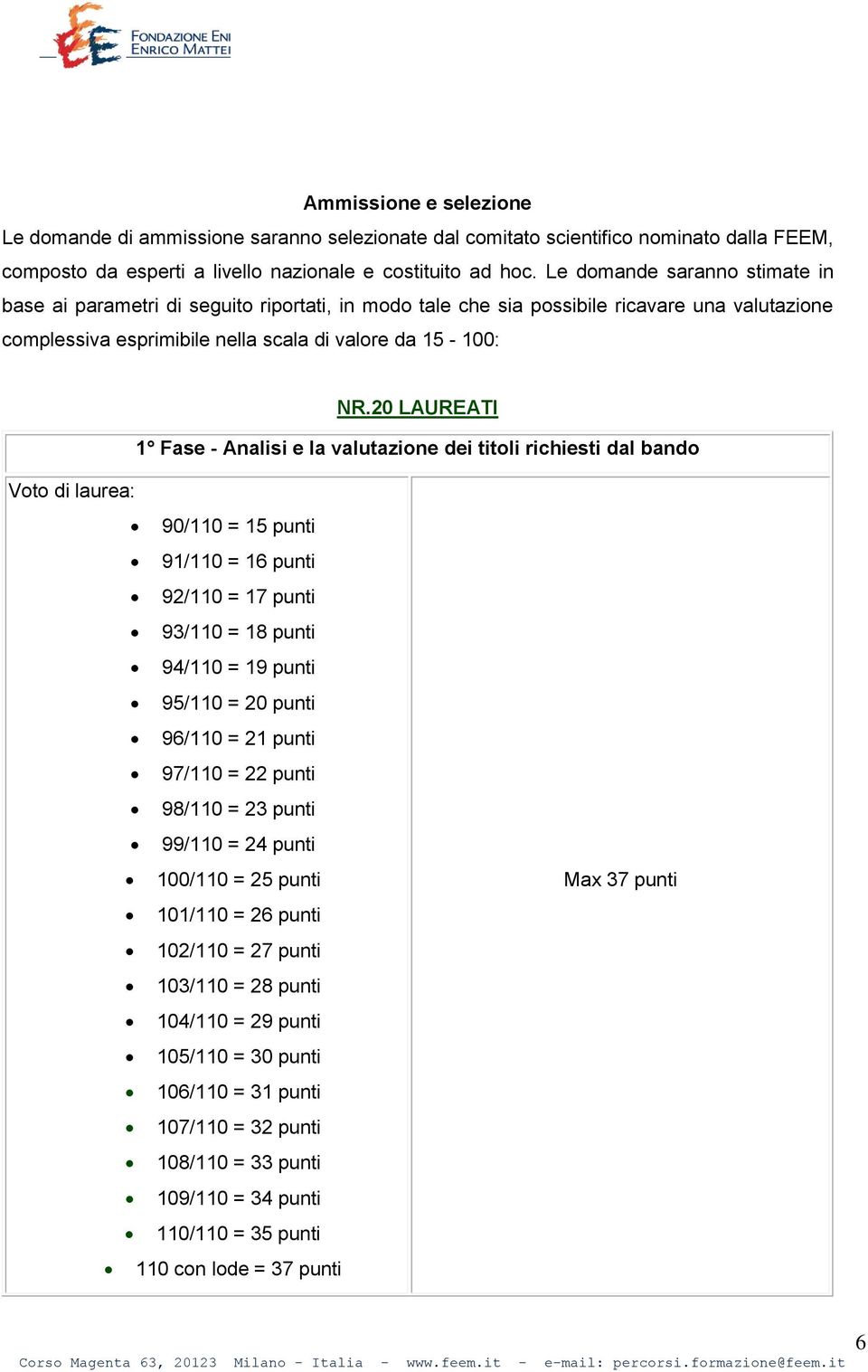 20 LAUREATI 1 Fase - Analisi e la valutazione dei titoli richiesti dal bando Voto di laurea: 90/110 = 15 punti 91/110 = 16 punti 92/110 = 17 punti 93/110 = 18 punti 94/110 = 19 punti 95/110 = 20