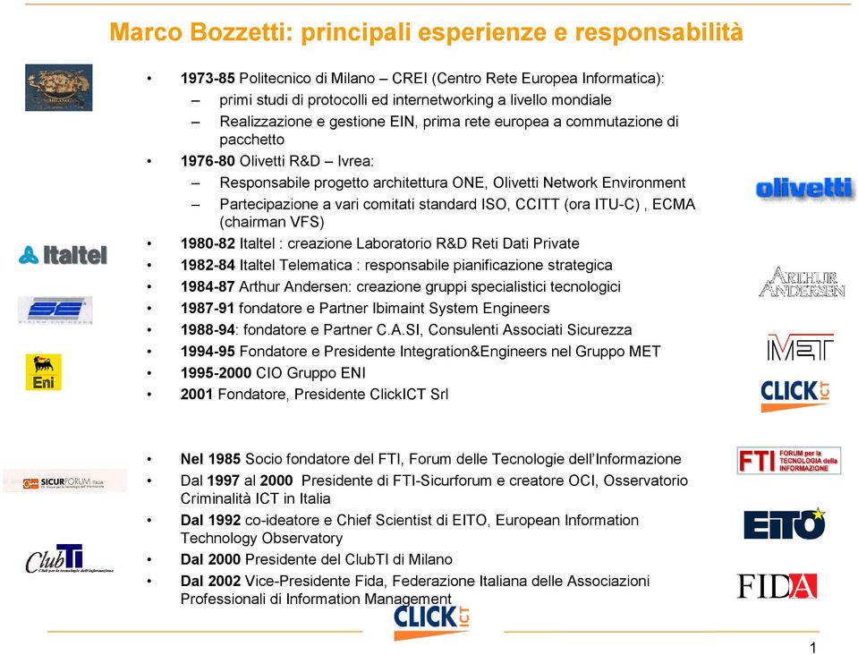 comitati standard ISO, CCITT (ora ITU-C), ECMA (chairman VFS) 1980-82 Italtel : creazione Laboratorio R&D Reti Dati Private 1982-84 Italtel Telematica : responsabile pianificazione strategica 1984-87