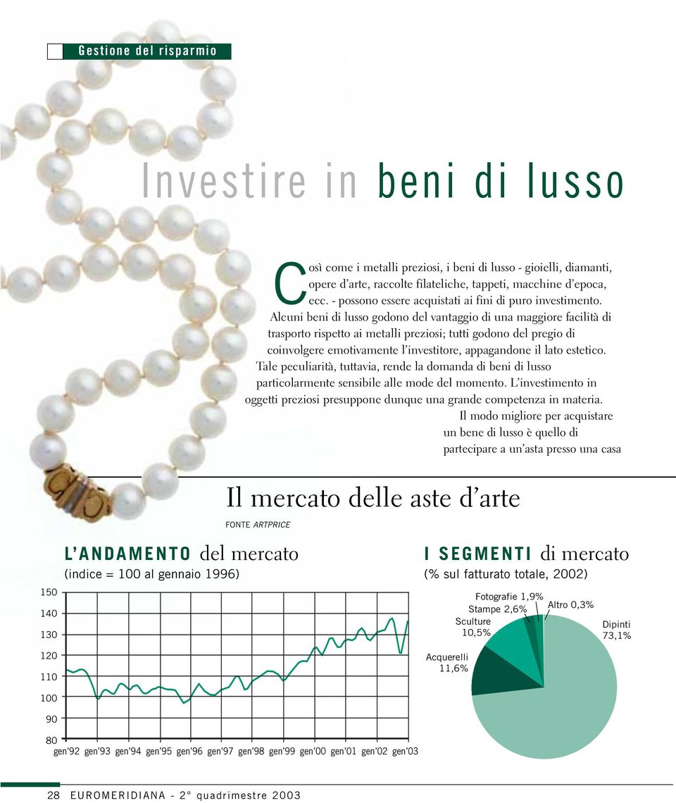 Alcuni beni di lusso godono del vantaggio di una maggiore facilità di trasporto rispetto ai metalli preziosi; tutti godono del pregio di coinvolgere emotivamente l investitore, appagandone il lato