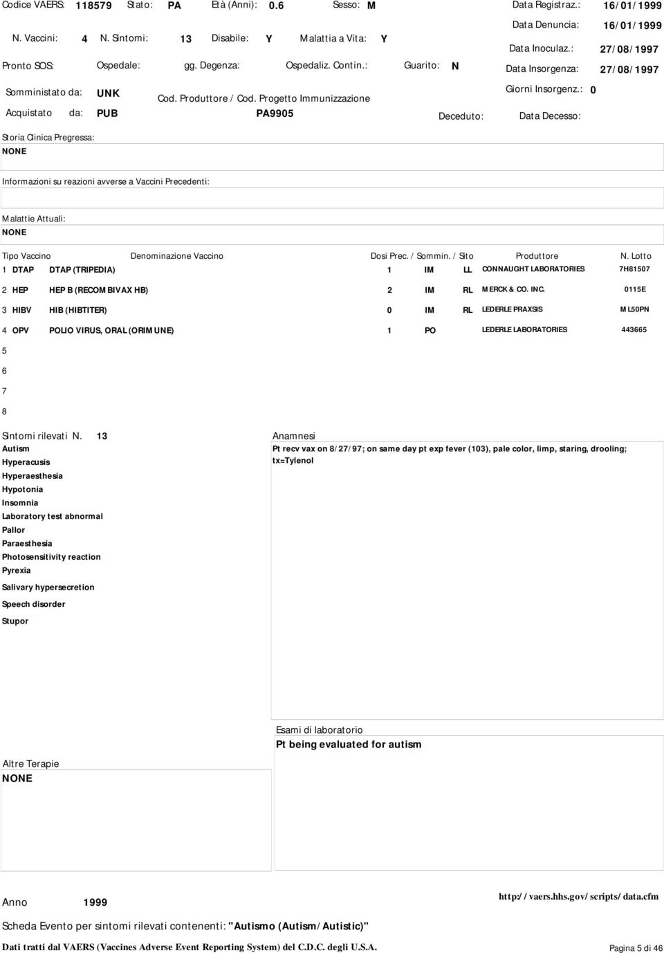 : 0 1 DTAP DTAP (TRIPEDIA) 1 IM LL CONNAUGHT LABORATORIES H10 2 HEP HEP B (RECOMBIVAX HB) HIBV HIB (HIBTITER) 2 IM RL MERCK & CO. INC.