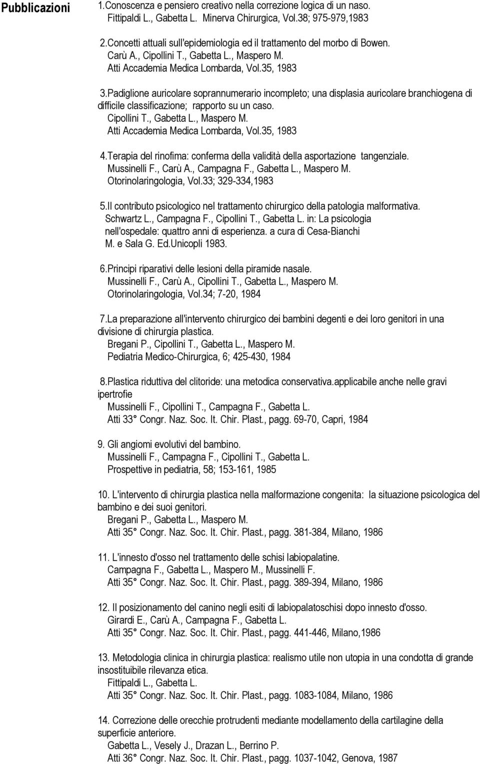 Padiglione auricolare soprannumerario incompleto; una displasia auricolare branchiogena di difficile classificazione; rapporto su un caso. Cipollini T., Gabetta L., Maspero M.