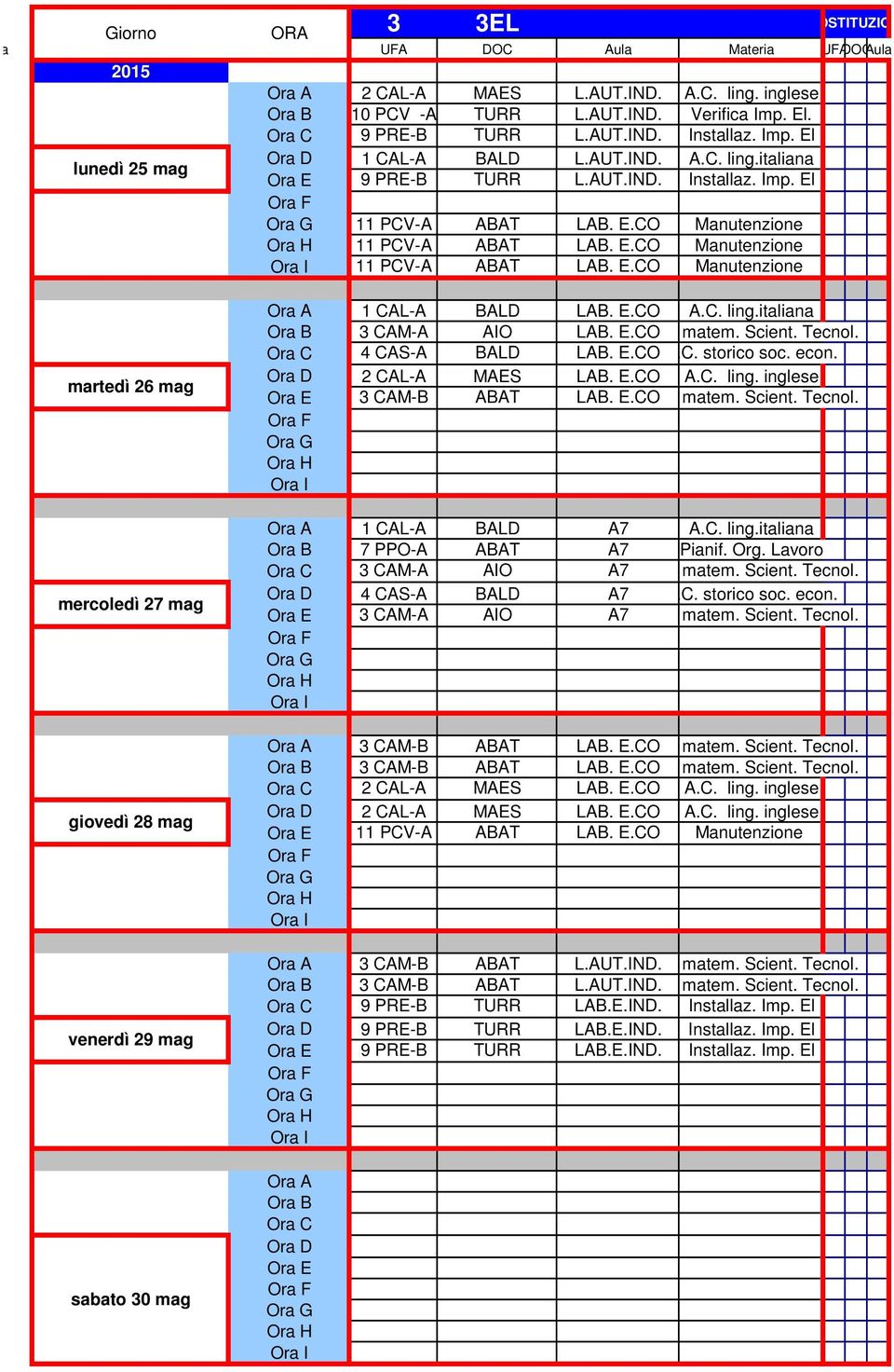 E.CO A.C. storico soc. econ. 2 CAL-A MAES LAB. E.CO A.C. ling. inglese 3 CAM-B ABAT LAB. E.COA.C. matem. Scient. Tecnol. 1 CAL-A BALD A7 A.C. ling.italiana 7 PPO-A ABAT A7 Pianif. Org.