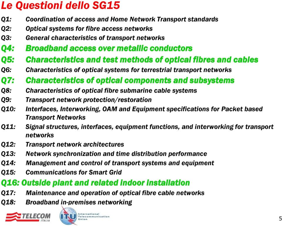 optical components and subsystems Q8: Characteristics of optical fibre submarine cable systems Q9: Transport network protection/restoration Q10: Interfaces, Interworking, OAM and Equipment