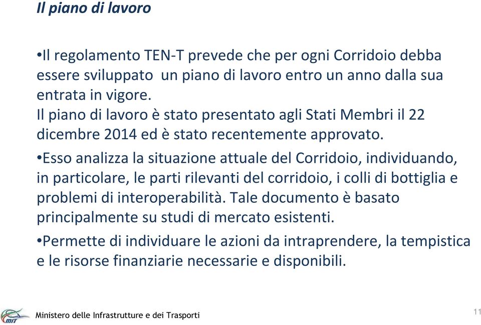 Esso analizza la situazione attuale del Corridoio, individuando, in particolare, le parti rilevanti del corridoio, i colli di bottiglia e problemi di