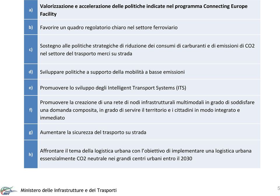 sviluppo degli Intelligent Transport Systems (ITS) f) Promuovere la creazione di una rete di nodi infrastrutturali multimodali in grado di soddisfare una domanda composita, in grado di servire il