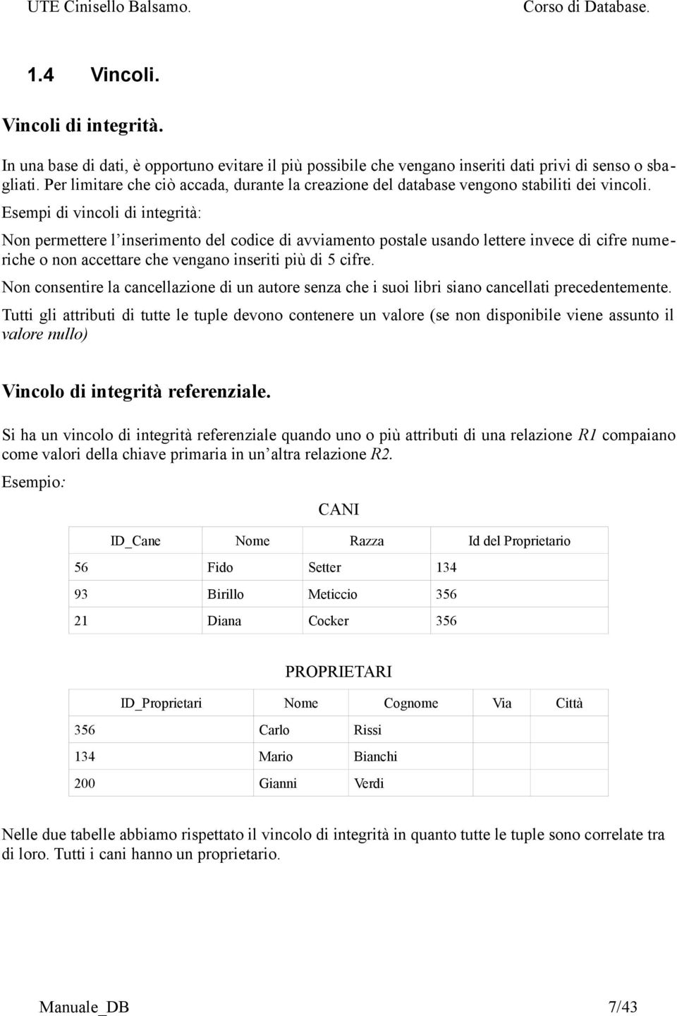 Esempi di vincoli di integrità: Non permettere l inserimento del codice di avviamento postale usando lettere invece di cifre nume riche o non accettare che vengano inseriti più di 5 cifre.