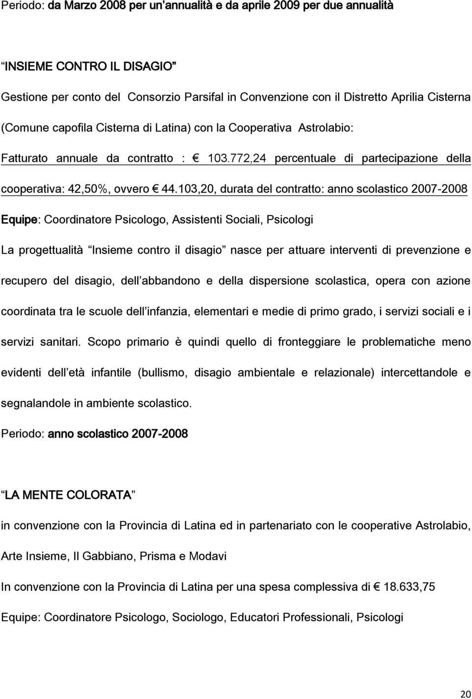 103,20, durata del contratto: anno scolastico 2007-2008 Equipe: Coordinatore Psicologo, Assistenti Sociali, Psicologi La progettualità Insieme contro il disagio nasce per attuare interventi di