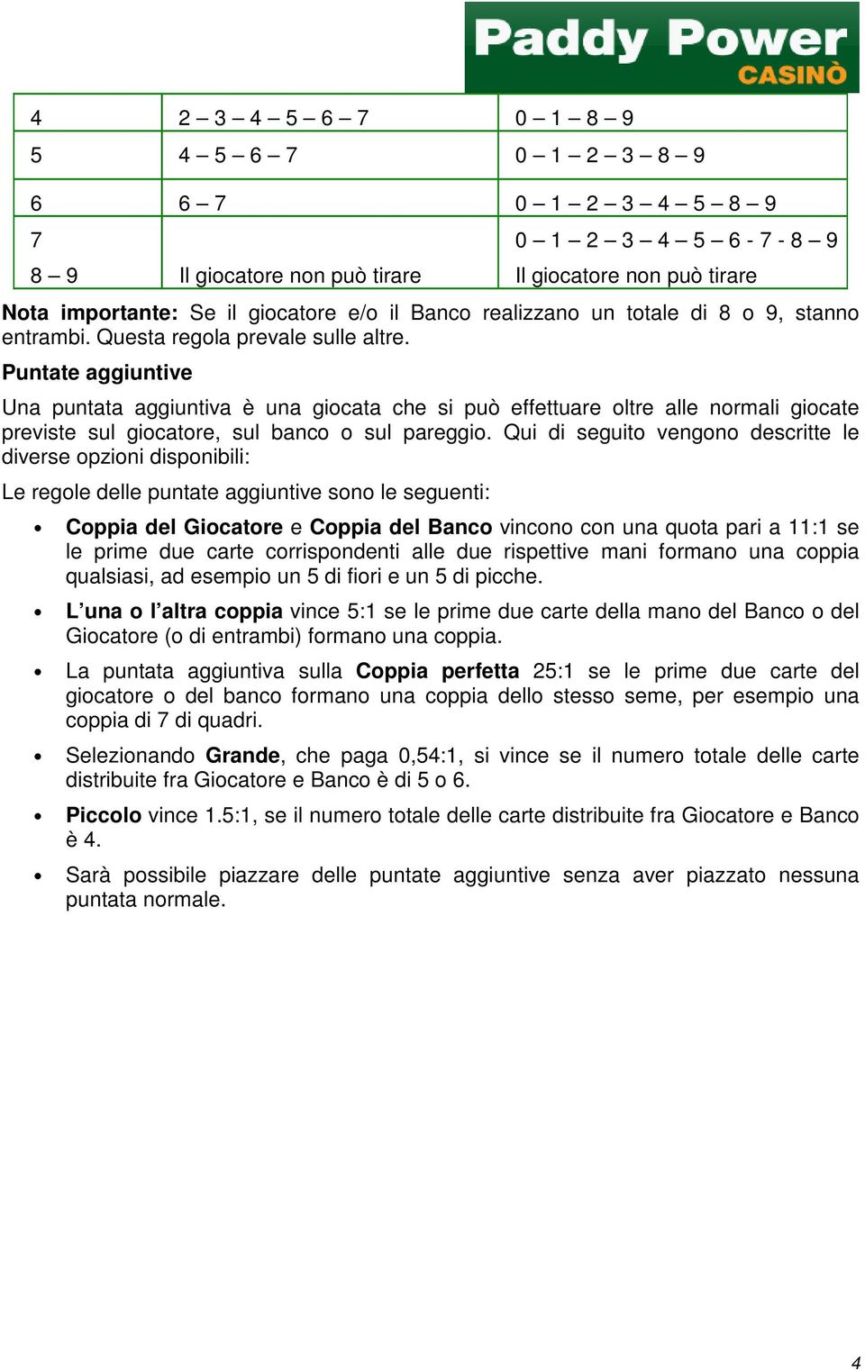 Puntate aggiuntive Una puntata aggiuntiva è una giocata che si può effettuare oltre alle normali giocate previste sul giocatore, sul banco o sul pareggio.