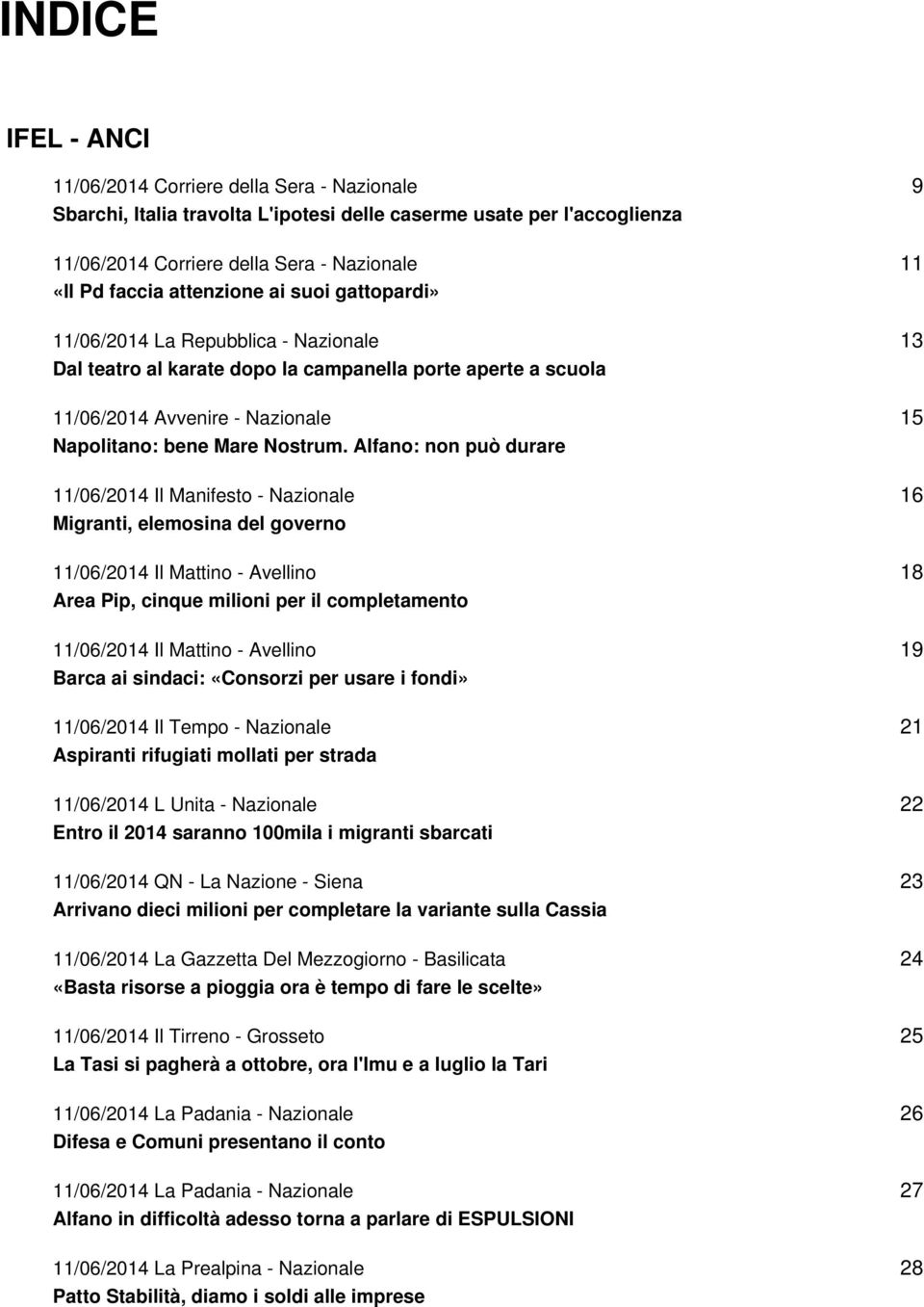 Alfano: non può durare 11/06/2014 Il Manifesto - Nazionale Migranti, elemosina del governo 11/06/2014 Il Mattino - Avellino Area Pip, cinque milioni per il completamento 11/06/2014 Il Mattino -