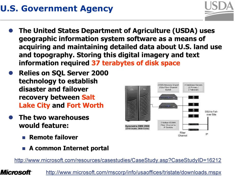 Storing this digital imagery and text information required 37 terabytes of disk space Relies on SQL Server 2000 technology to establish disaster and failover