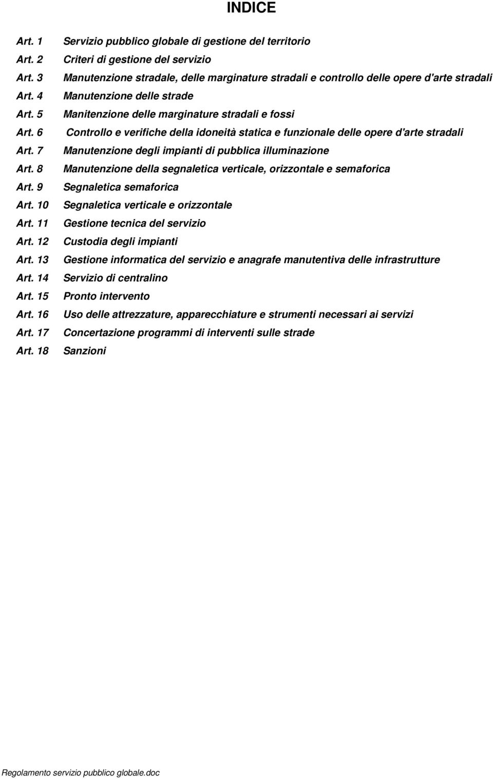 strade Manitenzione delle marginature stradali e fossi Controllo e verifiche della idoneità statica e funzionale delle opere d'arte stradali Manutenzione degli impianti di pubblica illuminazione