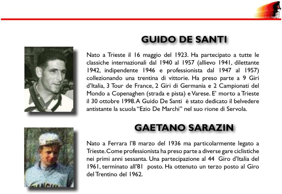 Ha preso parte a 9 Giri d Italia, 3 Tour de France, 2 Giri di Germania e 2 Campionati del Mondo a Copenaghen (strada e pista) e Varese. E morto a Trieste il 30 ottobre 1998.