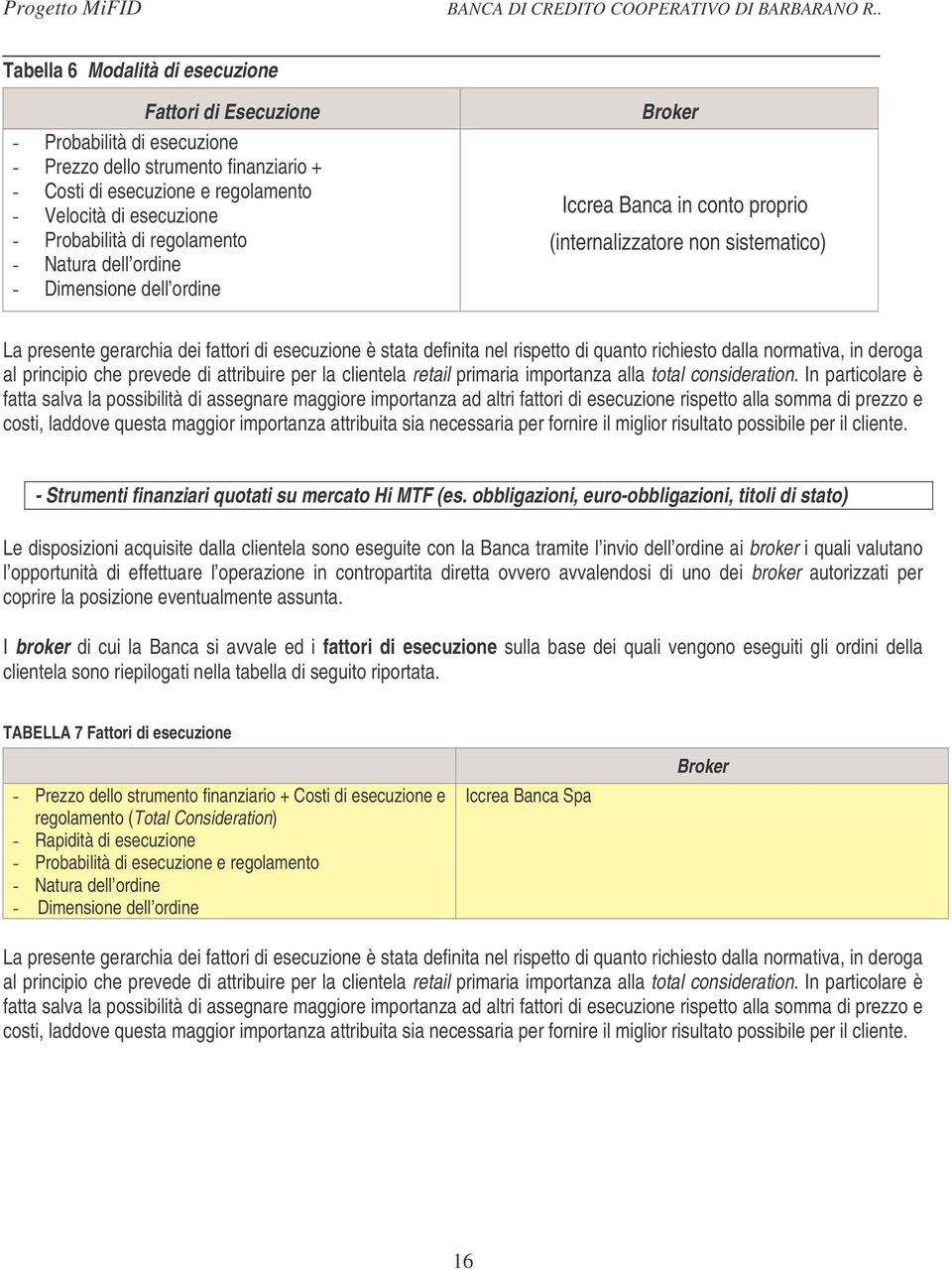 rispetto di quanto richiesto dalla normativa, in deroga al principio che prevede di attribuire per la clientela retail primaria importanza alla total consideration.