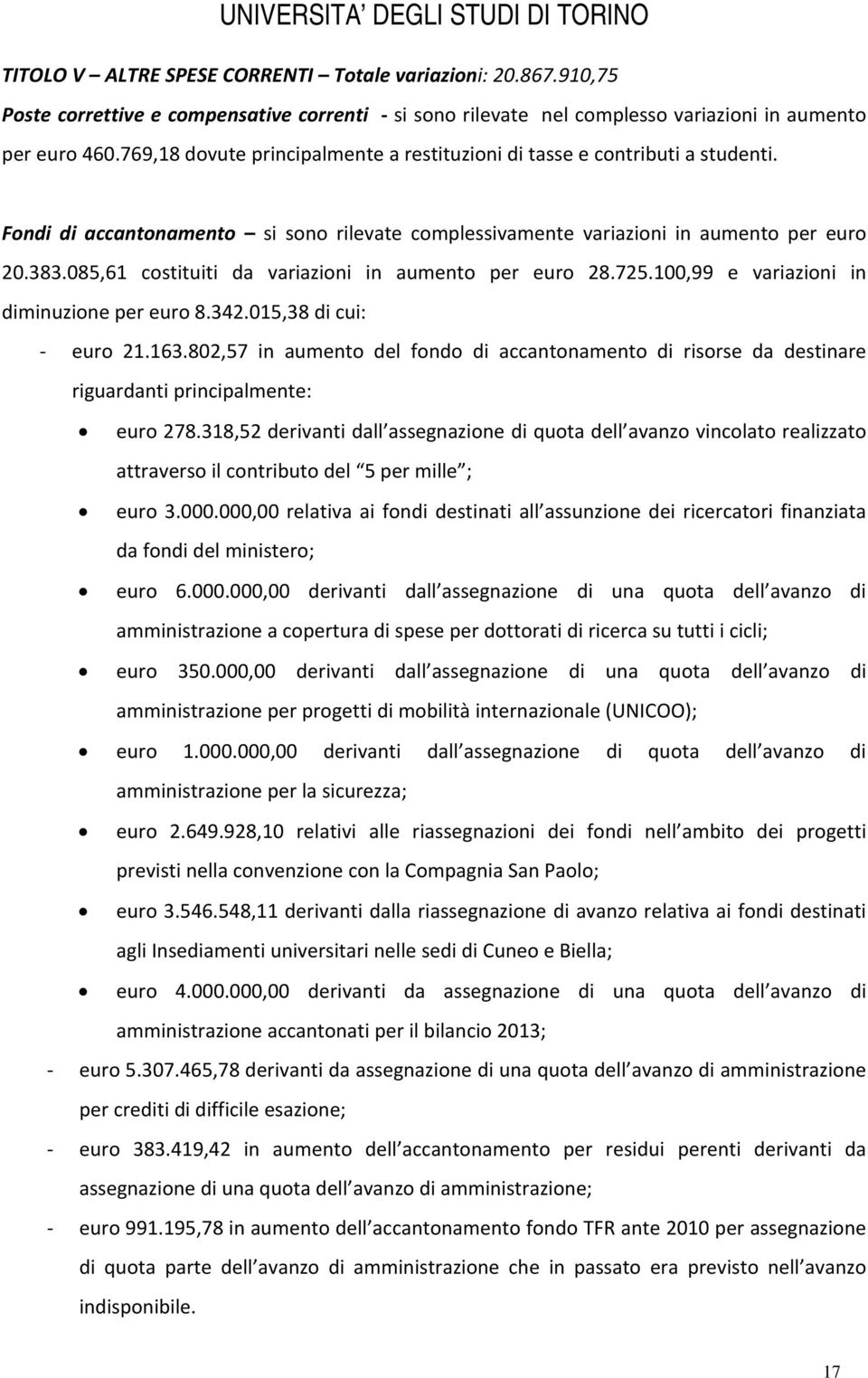 085,61 costituiti da variazioni in aumento per euro 28.725.100,99 e variazioni in diminuzione per euro 8.342.015,38 di cui: euro 21.163.