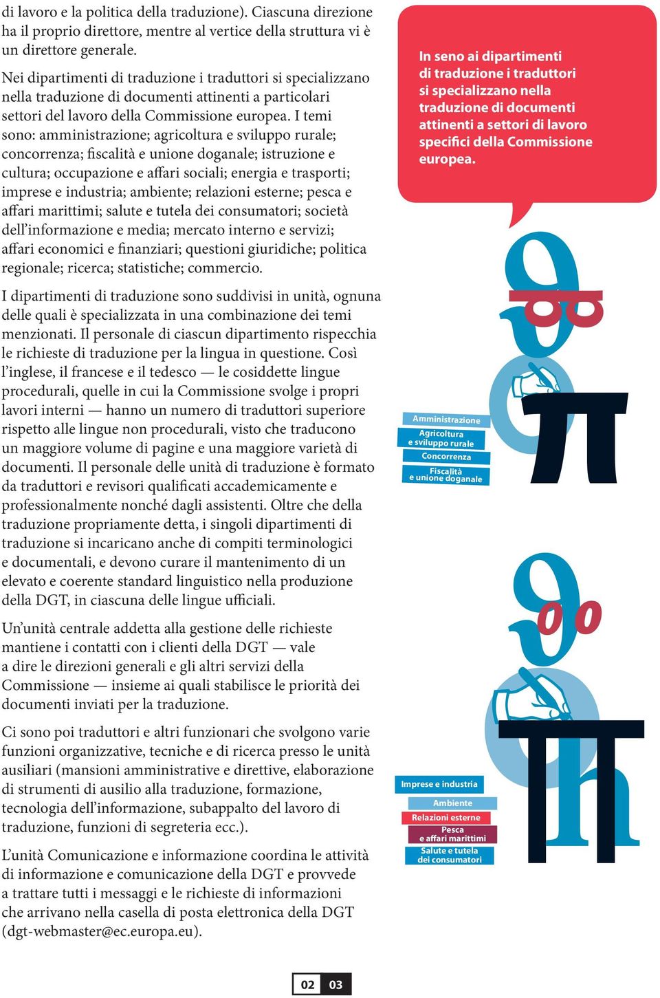 I temi sono: amministrazione; agricoltura e sviluppo rurale; concorrenza; fiscalità e unione doganale; istruzione e cultura; occupazione e affari sociali; energia e trasporti; imprese e industria;