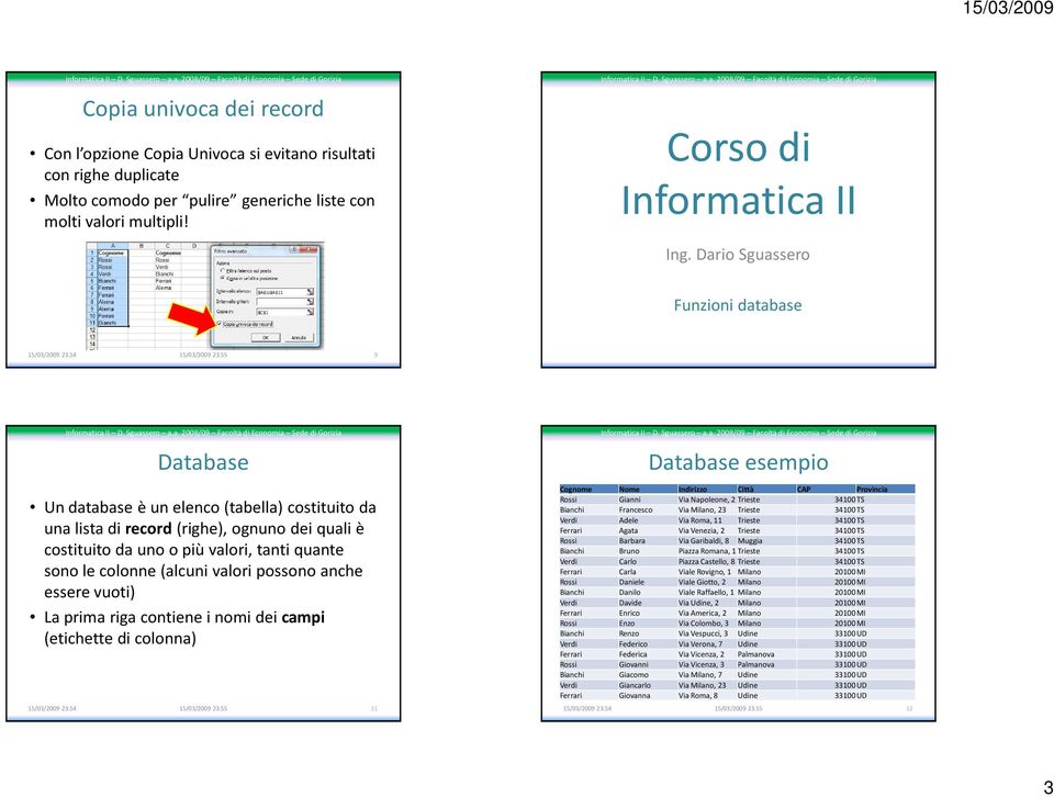 possono anche essere vuoti) La prima riga contiene i nomi dei campi (etichette di colonna) 11 Database esempio Cognome Nome Indirizzo Città CAP Provincia Rossi Gianni Via Napoleone, 2 Trieste 34100TS