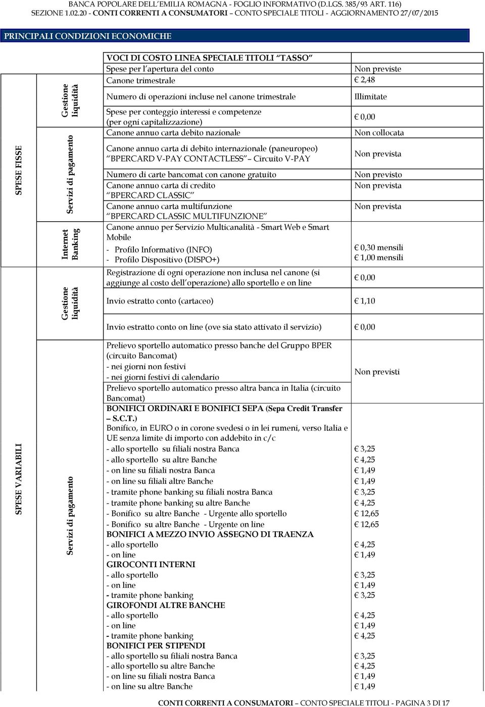 carta di debito internazionale (paneuropeo) BPERCARD V-PAY CONTACTLESS Circuito V-PAY Numero di carte bancomat con canone gratuito Canone annuo carta di credito BPERCARD CLASSIC Canone annuo carta