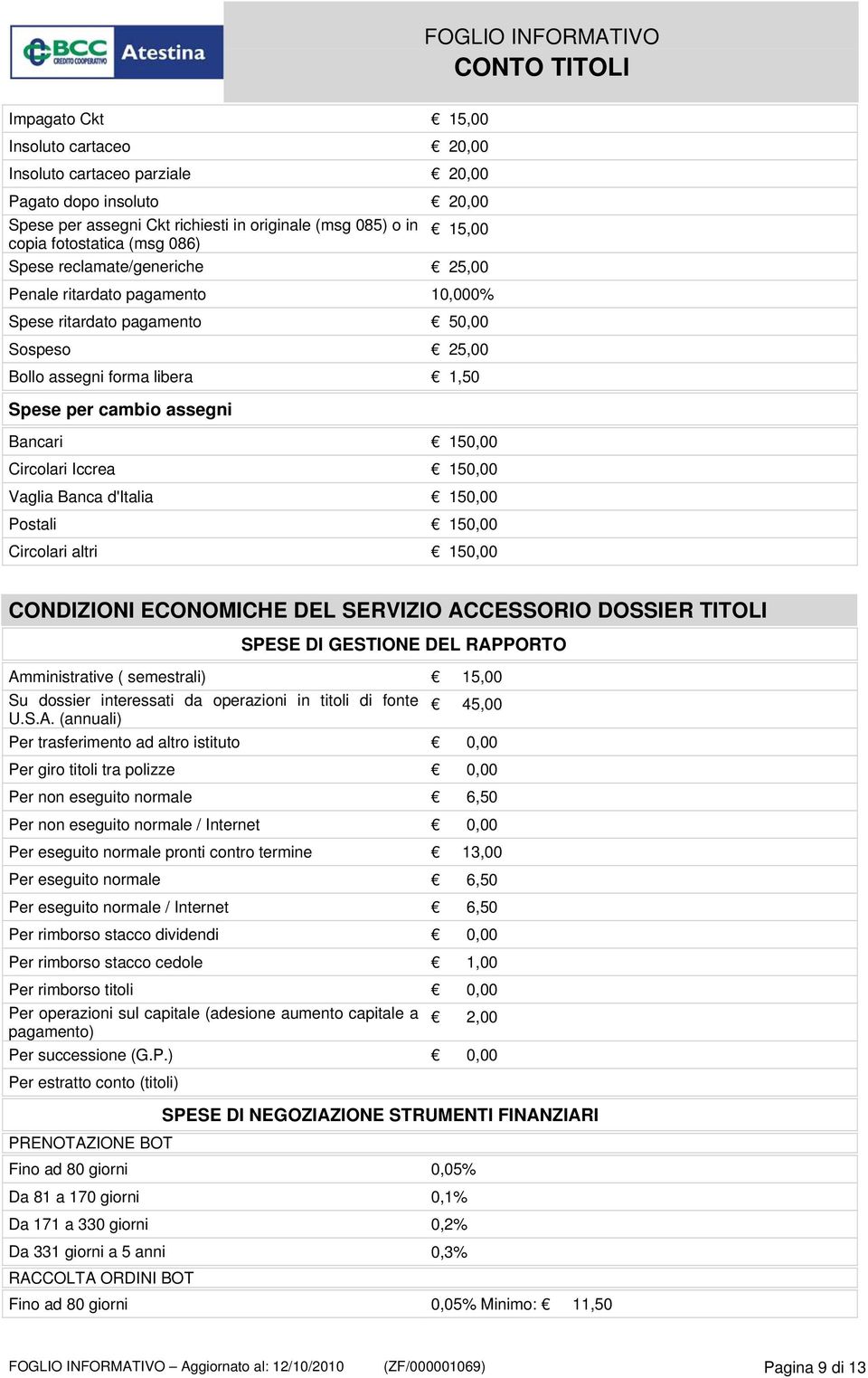 Iccrea 150,00 Vaglia Banca d'italia 150,00 Postali 150,00 Circolari altri 150,00 CONDIZIONI ECONOMICHE DEL SERVIZIO ACCESSORIO DOSSIER TITOLI SPESE DI GESTIONE DEL RAPPORTO Amministrative (