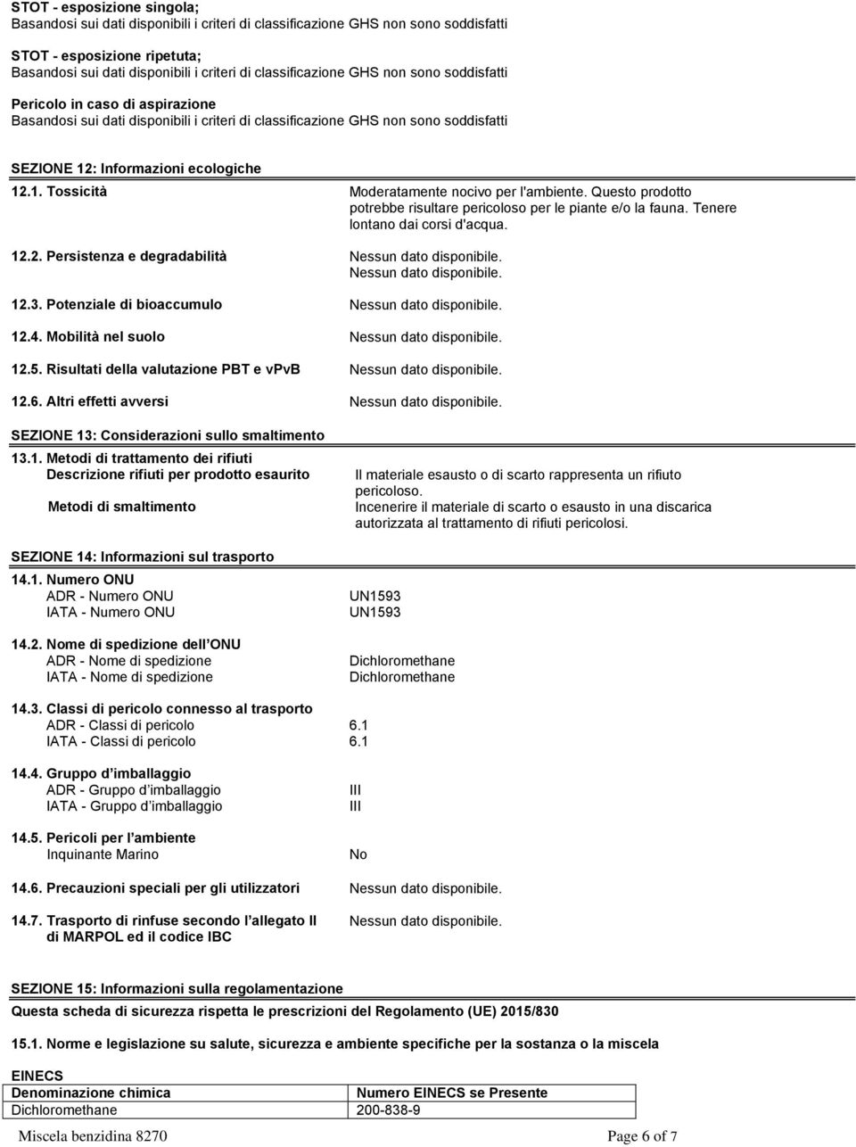 Mobilità nel suolo 12.5. Risultati della valutazione PBT e vpvb 12.6. Altri effetti avversi SEZIONE 13: Considerazioni sullo smaltimento 13.1. Metodi di trattamento dei rifiuti Descrizione rifiuti per prodotto esaurito Metodi di smaltimento SEZIONE 14: Informazioni sul trasporto 14.