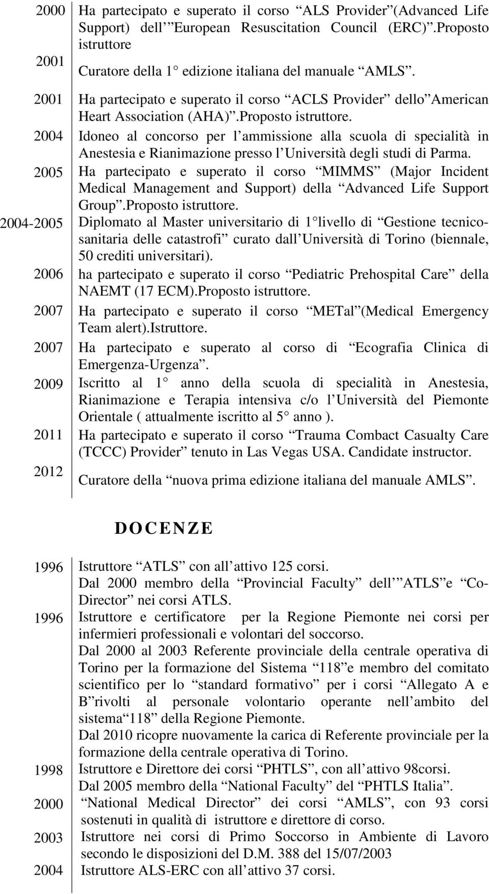 2004 Idoneo al concorso per l ammissione alla scuola di specialità in Anestesia e Rianimazione presso l Università degli studi di Parma.