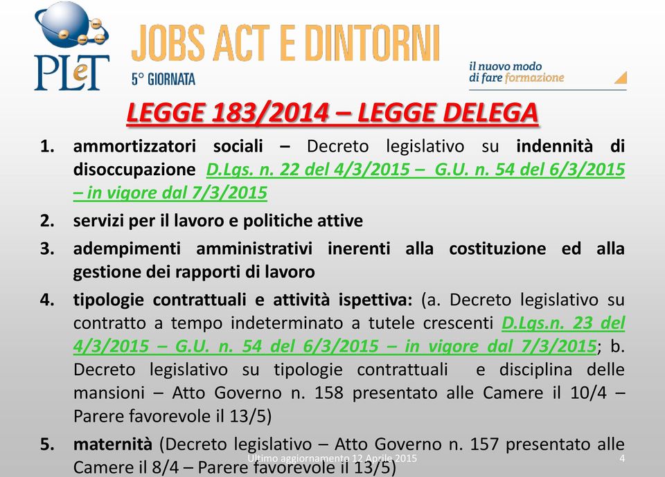 Decreto legislativo su contratto a tempo indeterminato a tutele crescenti D.Lgs.n. 23 del 4/3/2015 G.U. n. 54 del 6/3/2015 in vigore dal 7/3/2015; b.