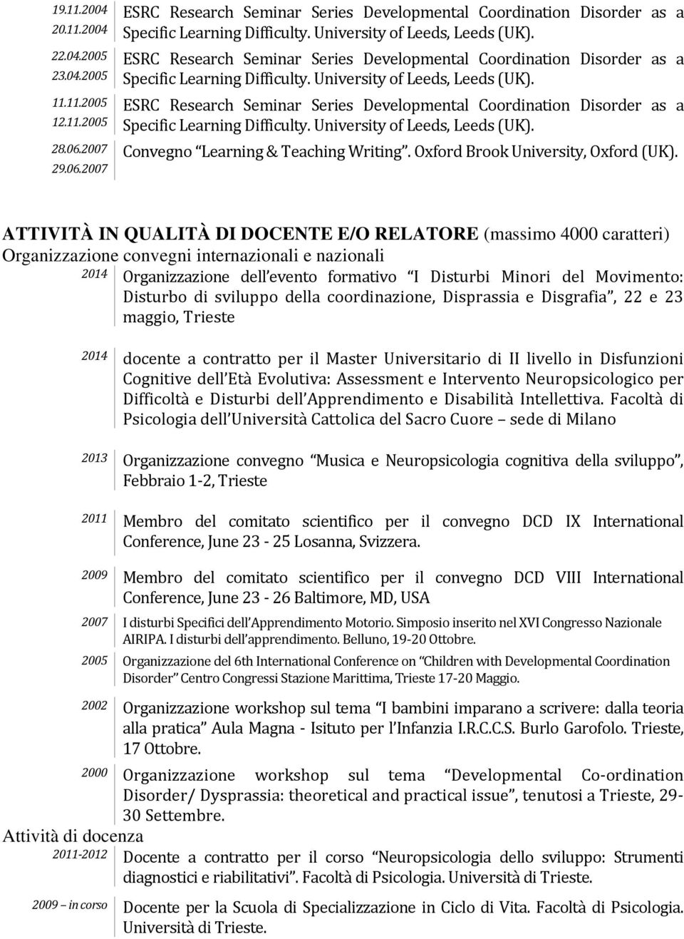 ESRC Research Seminar Series Developmental Coordination Disorder as a Specific Learning Difficulty. University of Leeds, Leeds (UK). Convegno Learning & Teaching Writing.