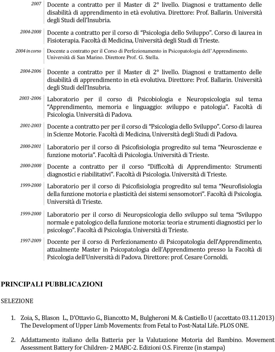 2004 in corso Docente a contratto per il Corso di Perfezionamento in Psicopatologia dell Apprendimento. Università di San Marino. Direttore Prof. G. Stella.