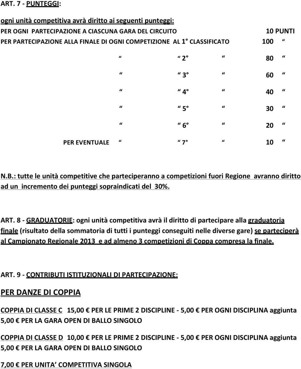 : tutte le unità competitive che parteciperanno a competizioni fuori Regione avranno diritto ad un incremento dei punteggi sopraindicati del 30%. ART.