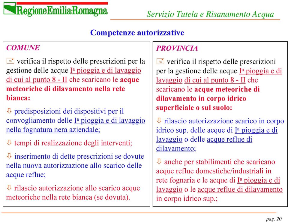 degli interventi; inserimento di dette prescrizioni se dovute nella nuova autorizzazione allo scarico delle acque reflue; rilascio autorizzazione allo scarico acque meteoriche nella rete bianca (se