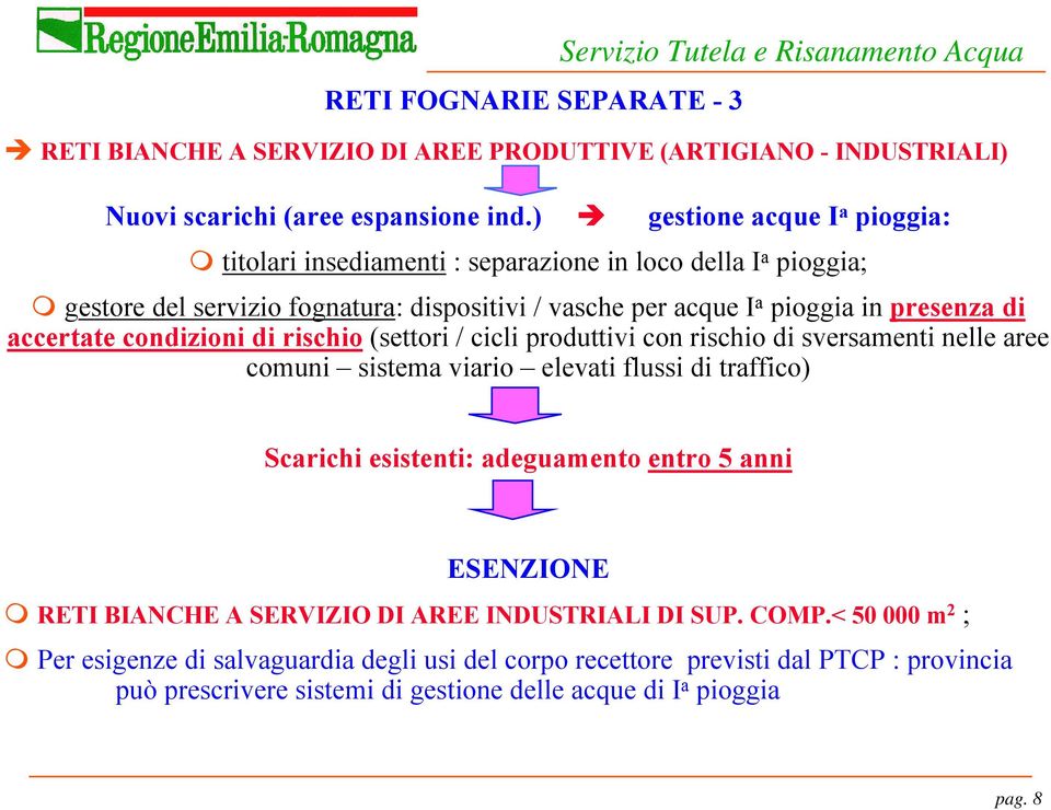 condizioni di rischio (settori / cicli produttivi con rischio di sversamenti nelle aree comuni sistema viario elevati flussi di traffico) Scarichi esistenti: adeguamento entro 5 anni ESENZIONE