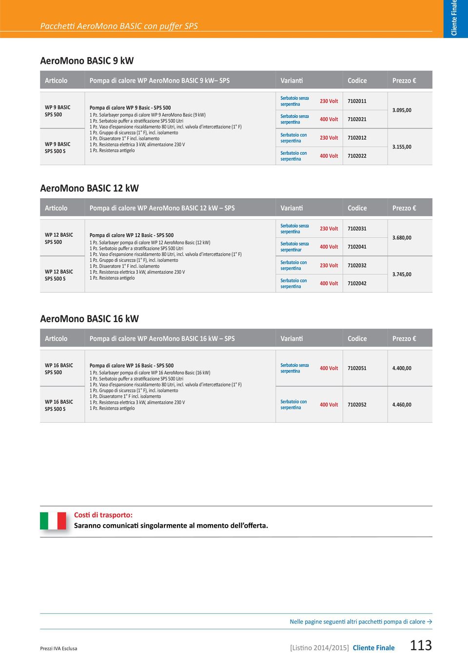 valvola d intercettazione (1" F) 1 Pz. Gruppo di sicurezza (1" F), incl. isolamento 1 Pz. Disaeratore 1" F incl. isolamento 1 Pz. Resistenza elettrica 3 kw, alimentazione 230 V 1 Pz.