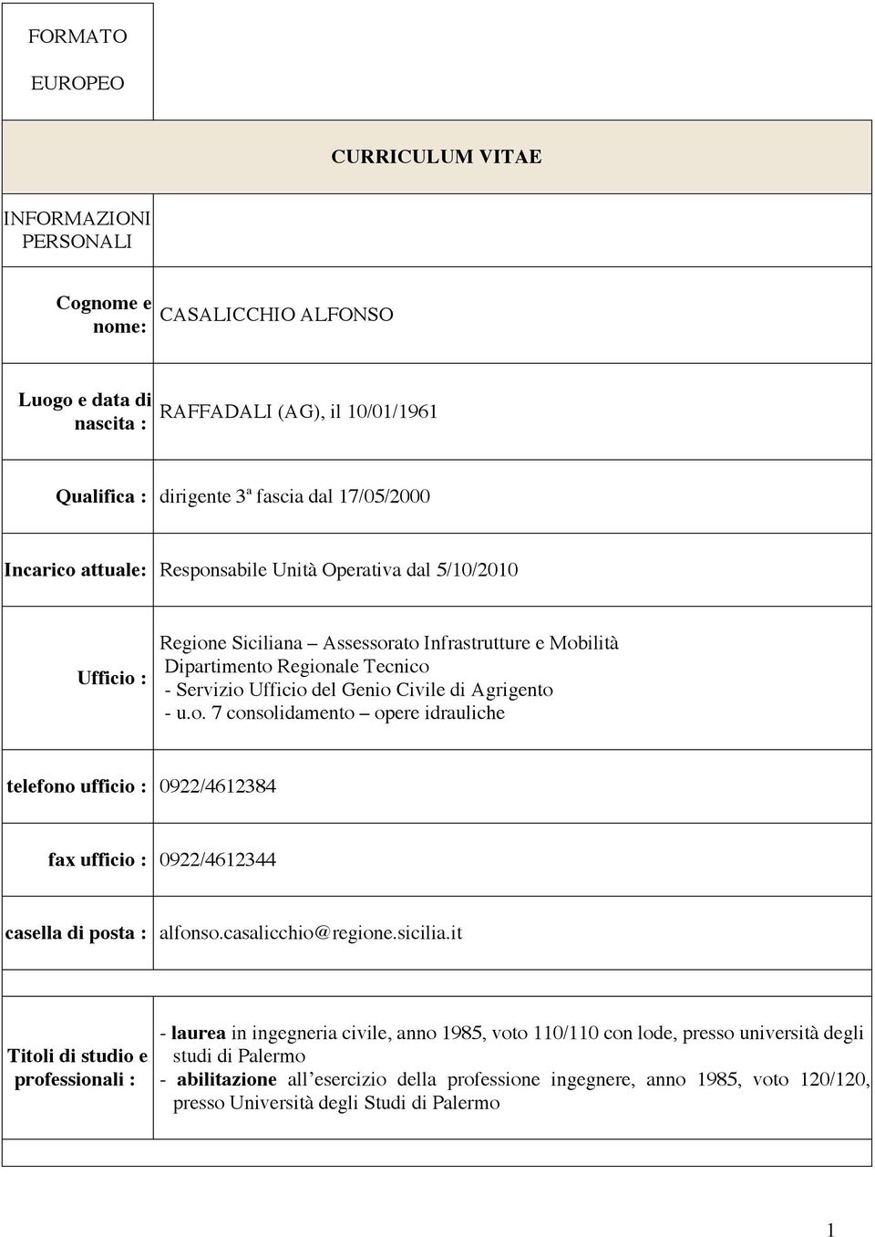 u.o. 7 consolidamento opere idrauliche telefono ufficio : 0922/4612384 fax ufficio : 0922/4612344 casella di posta : alfonso.casalicchio@regione.sicilia.